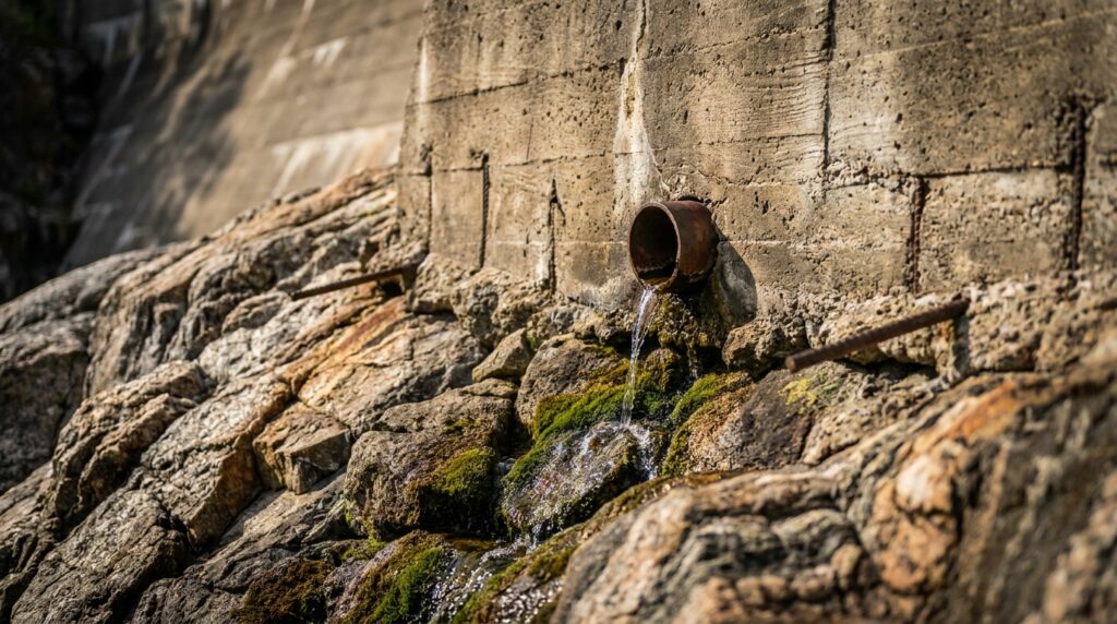 Detalhe da base de concreto de uma barragem apoiada sobre rocha, com saída de água de um sistema de drenagem.