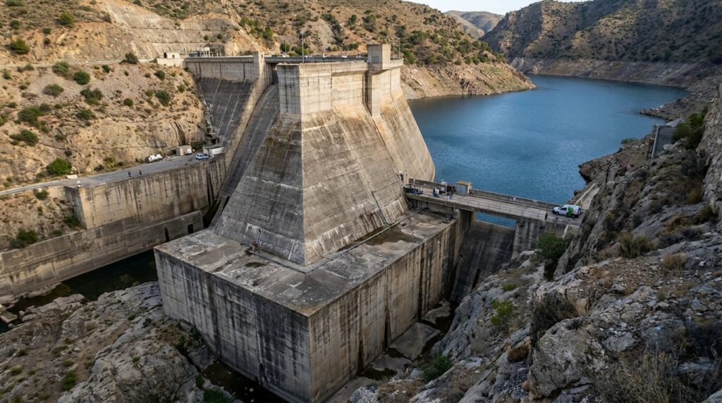 Vista de uma grande barragem de concreto que utiliza seu próprio peso para resistir à pressão da água.