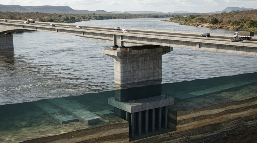 Ilustração técnica em corte mostrando o tabuleiro de uma ponte de concreto, vigas pré-moldadas, pilares e fundações profundas abaixo do leito de um rio.