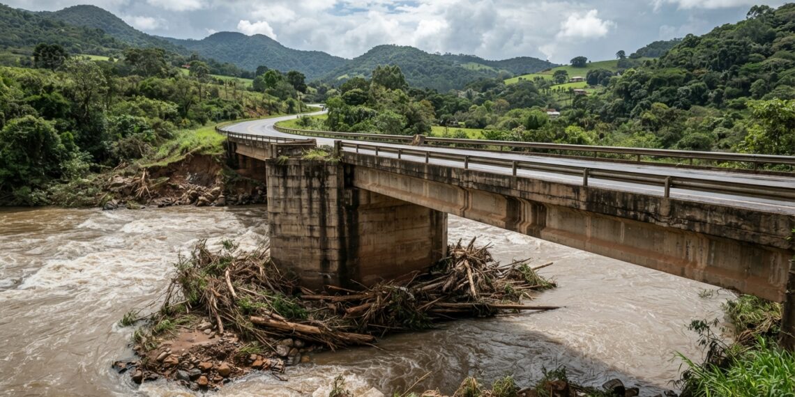Ponte rodoviária de concreto sobre um rio na Serra Gaúcha, com troncos acumulados perto de um pilar.