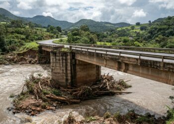 Ponte rodoviária de concreto sobre um rio na Serra Gaúcha, com troncos acumulados perto de um pilar.