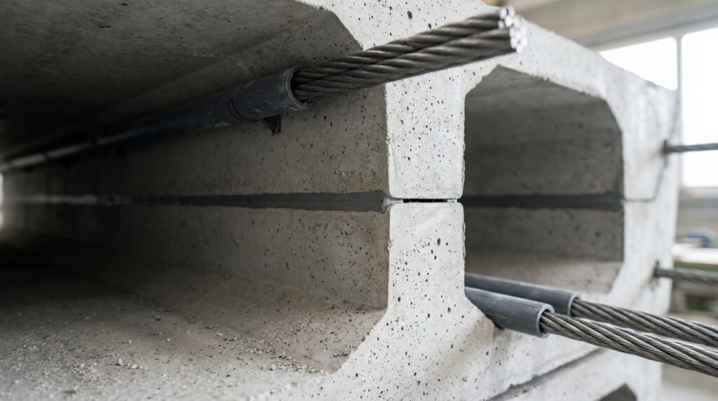Detalhe de segmento vazado de concreto protendido com dutos internos para cabos de aço e superfície de união entre peças