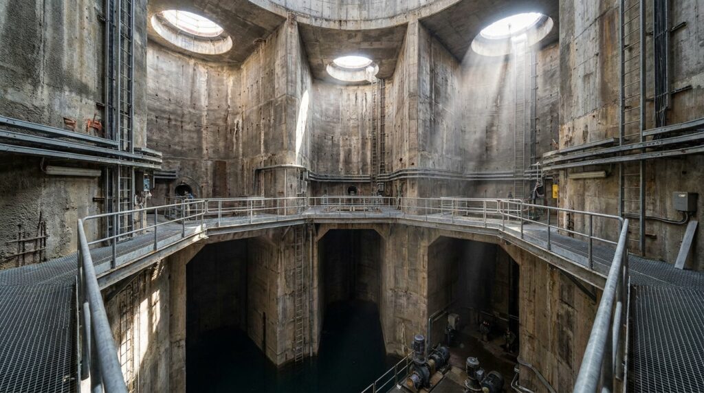 Células cilíndricas ocas no interior de uma estrutura de gravidade de concreto usada em engenharia offshore.