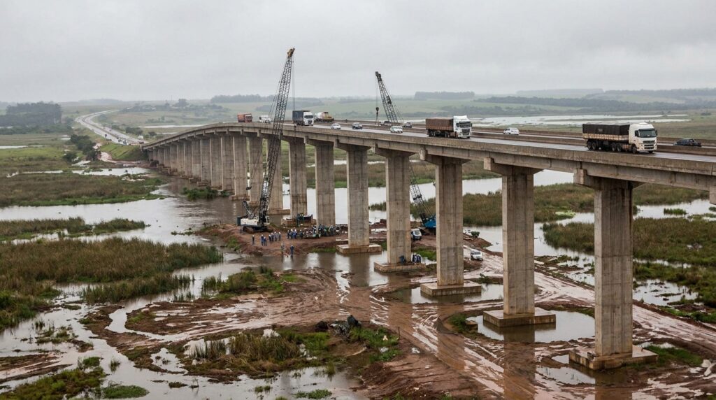 Viaduto elevado atravessa área alagável próxima ao Rio Paraguai em Porto Murtinho.