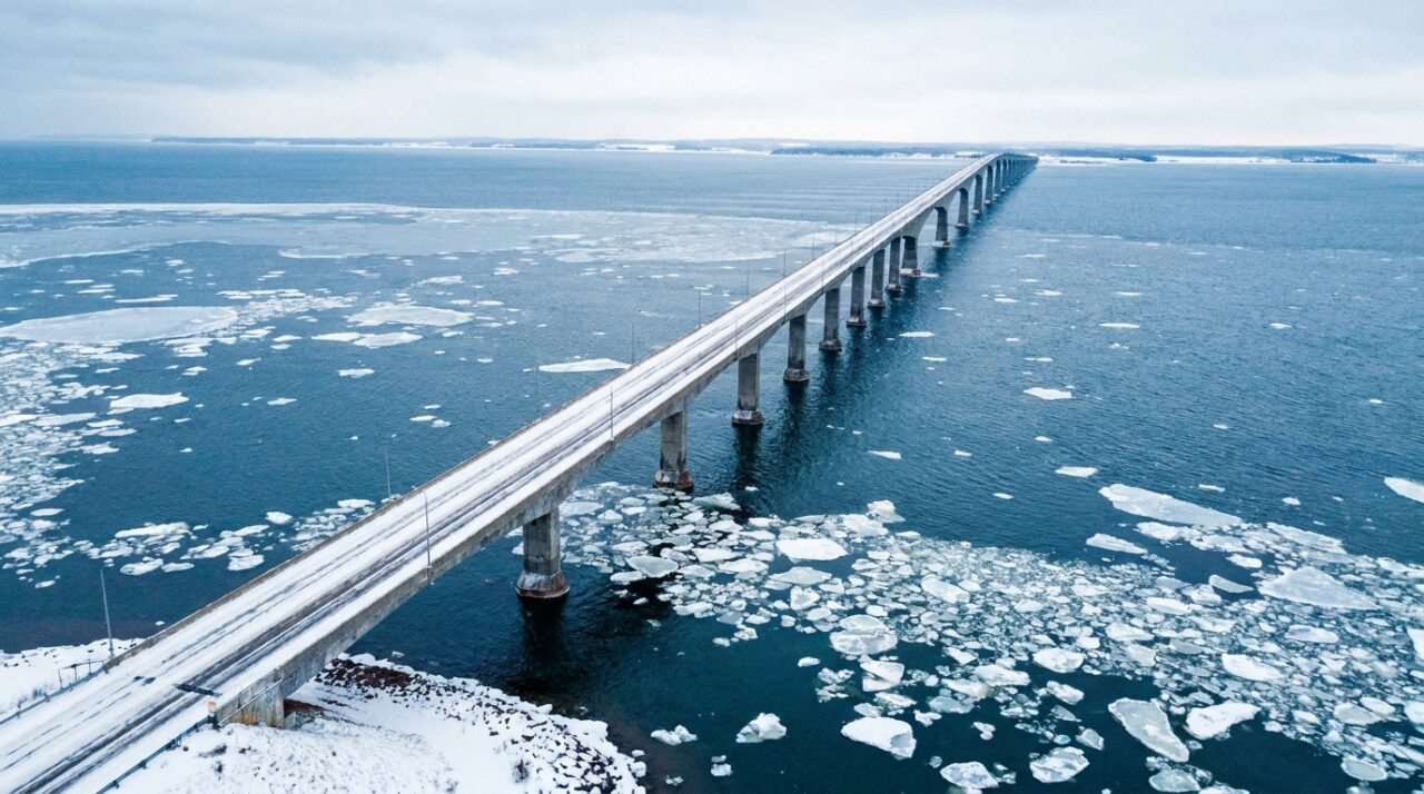 pilares cônicos ajudam a quebrar placas de gelo antes que a pressão atinja a estrutura — Ponte de 12,9 km atravessa um mar que congela no inverno