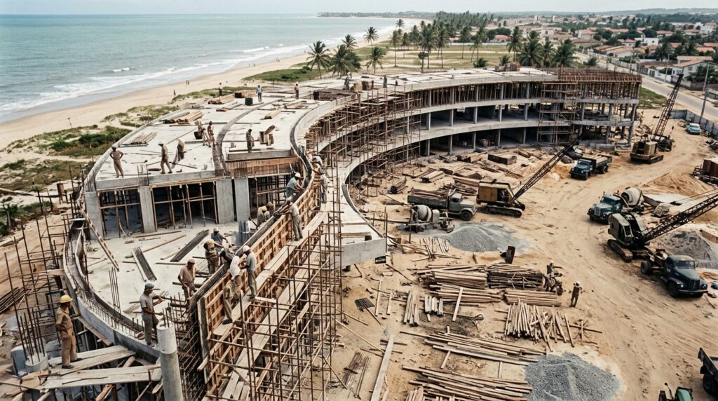 Representação histórica da construção do Hotel Tambaú na orla de João Pessoa.