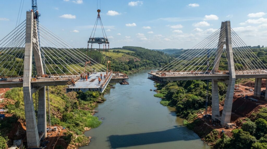 Reconstituição da construção da Ponte da Integração, com duas frentes de montagem do tabuleiro avançando sobre o Rio Paraná, sustentadas por cabos estaiados.