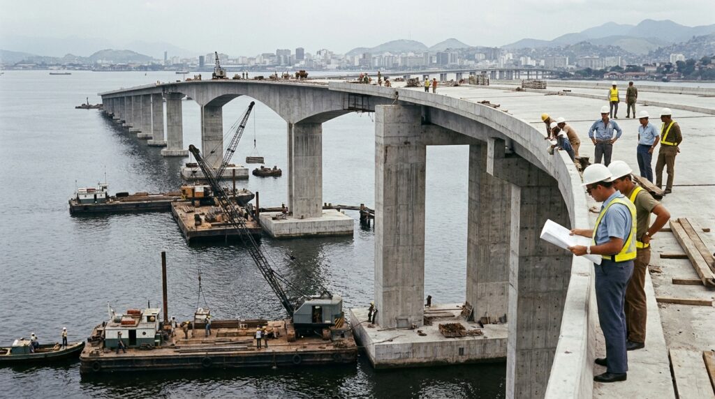 Estrutura metálica do vão central da Ponte Rio–Niterói, projetada para permitir a passagem de grandes embarcações.