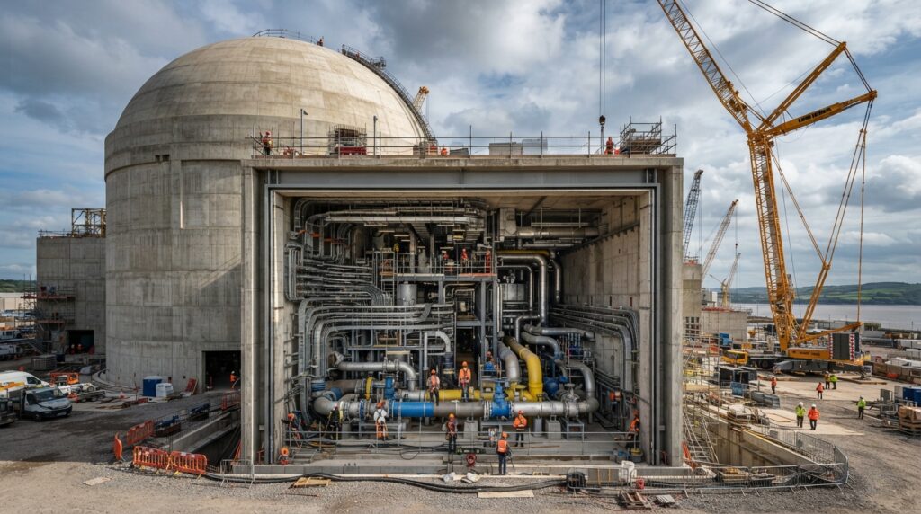 engenheiros inspecionam tubulações e bandejas de cabos no interior de uma usina nuclear em construção.