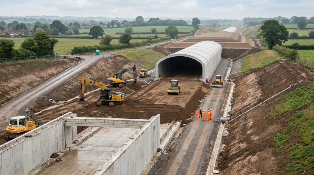Grande galeria ferroviária de concreto armado sendo coberta por camadas de terra durante obras de engenharia na Inglaterra.