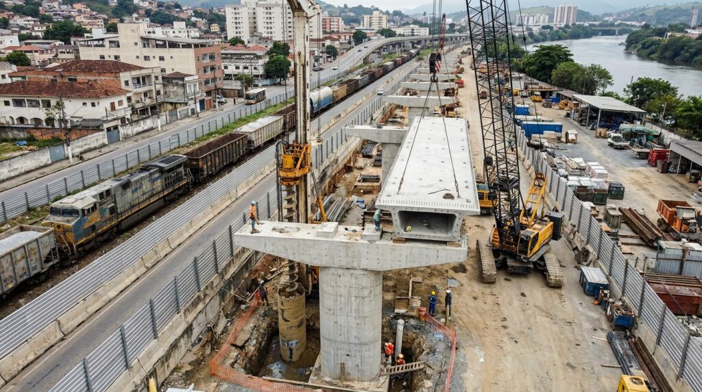Equipes constroem um viaduto urbano ao lado de uma ferrovia que permanece em operação.