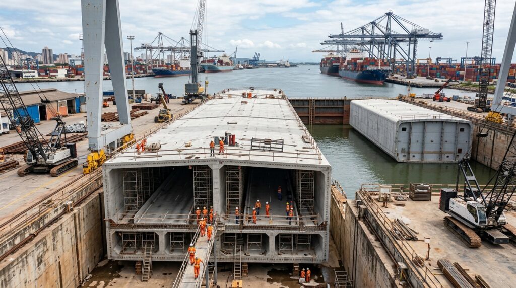Módulo gigante do túnel Santos–Guarujá é fabricado em terra enquanto o Porto de Santos continua operando.
