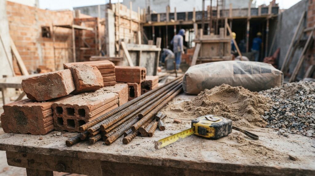 Tijolos, vergalhões, areia e cimento utilizados na construção de uma casa.