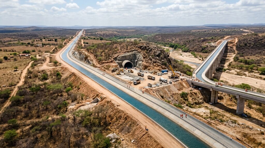 Canais, túnel e aqueduto do Ramal do Salgado atravessam o sertão cearense.