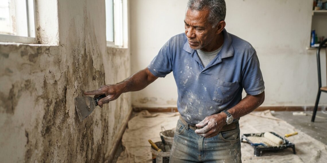 Pedreiro analisa uma parede úmida antes de decidir como reparar o revestimento.