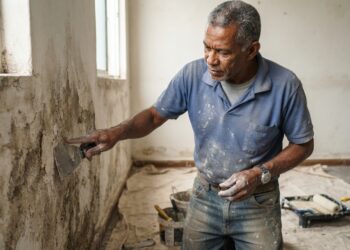 Pedreiro analisa uma parede úmida antes de decidir como reparar o revestimento.