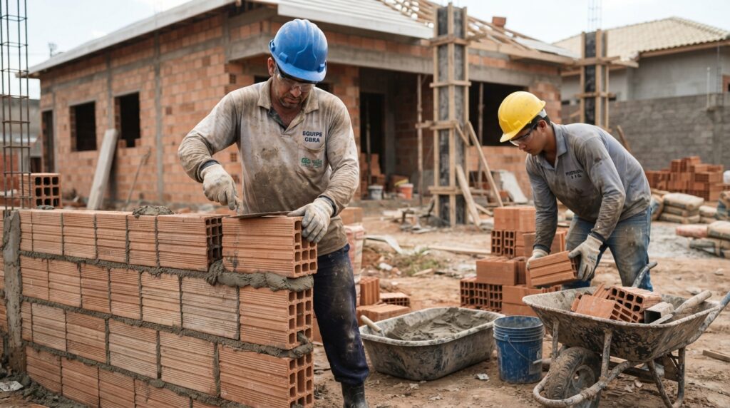 Pedreiro e ajudante trabalhando na construção da parede de uma casa residencial.