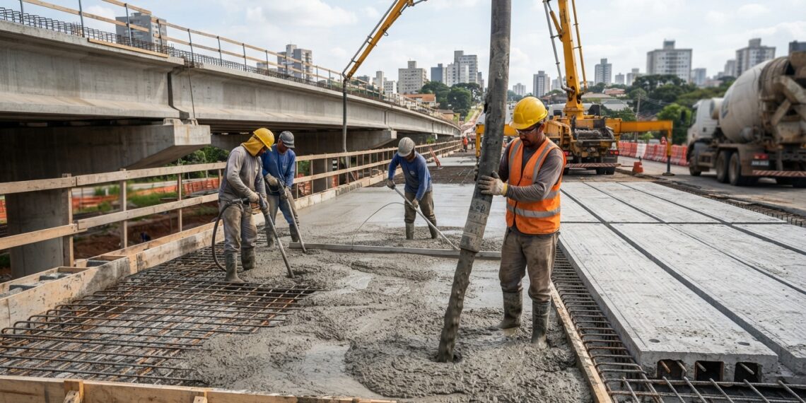 Trabalhadores com equipamentos de proteção acompanham o lançamento de concreto fresco por uma bomba-lança sobre as armaduras de um viaduto.