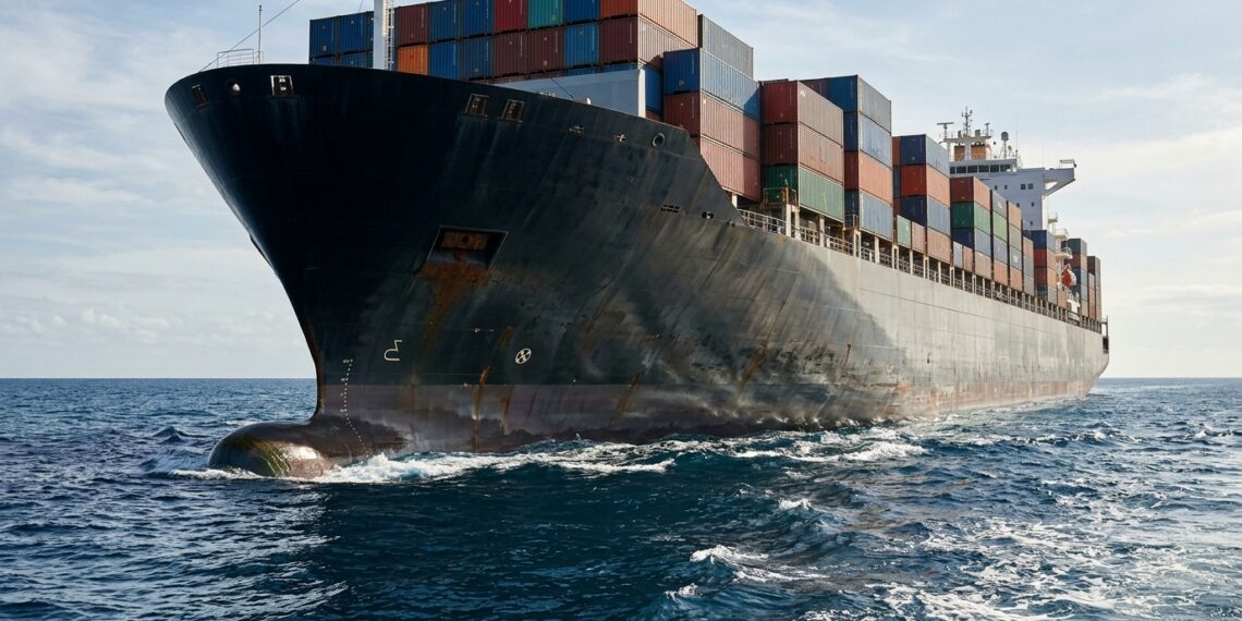 Navio cargueiro de aço transporta contêineres enquanto flutua no oceano.