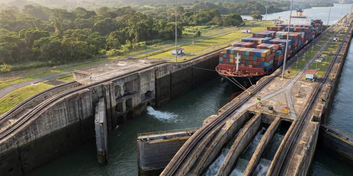 Navio de grande porte dentro de uma câmara de eclusa enquanto o nível da água é ajustado para permitir sua passagem pelo canal.