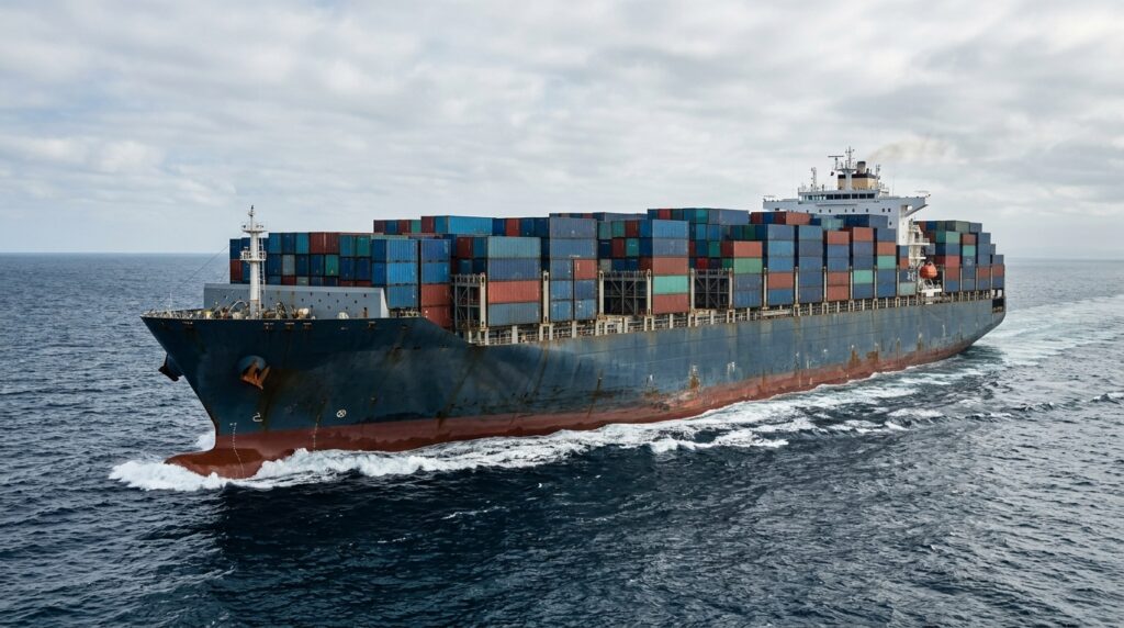 Navio cargueiro carregado navega sobre ondas moderadas mantendo o casco equilibrado.