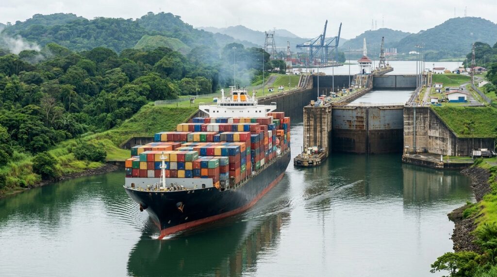 Navio cargueiro atravessando uma eclusa do Canal do Panamá, cercado pela vegetação tropical.