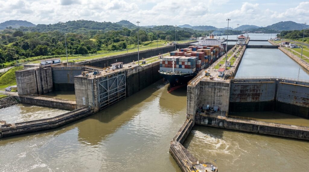 Navio porta-contêineres atravessando uma das novas eclusas do Canal do Panamá, cercado por grandes paredes de concreto.