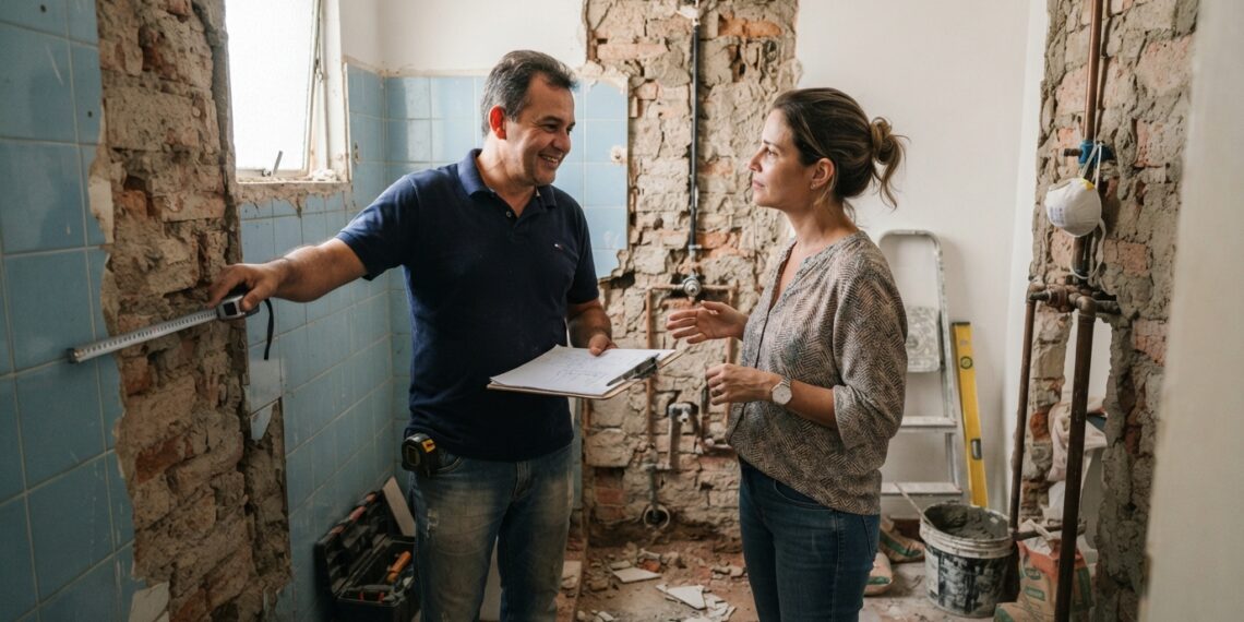 Profissional da construção mede um banheiro em reforma enquanto conversa com o proprietário sobre os serviços.