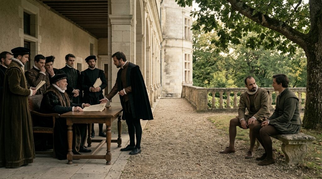 Cena contrasta uma relação baseada em conveniência com a amizade desinteressada entre Montaigne e La Boétie.