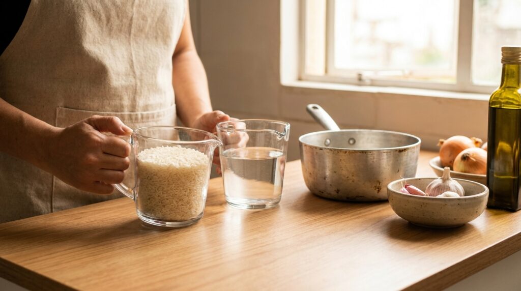 Arroz cru e água medidos em recipientes antes do preparo na panela.