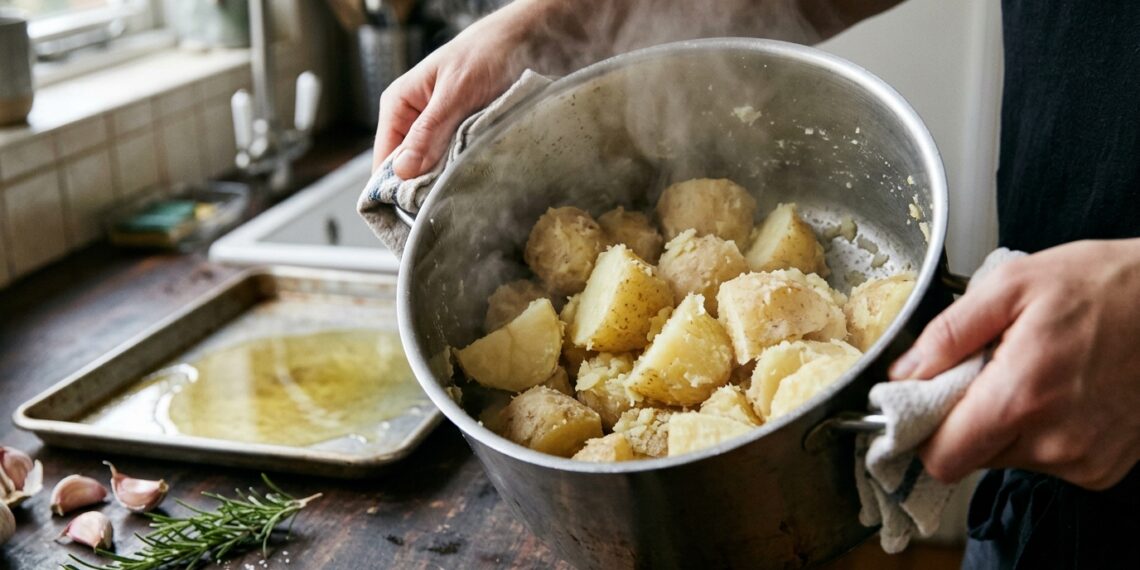 Batatas pré-cozidas são chacoalhadas na panela para criar uma superfície irregular antes de ir ao forno.