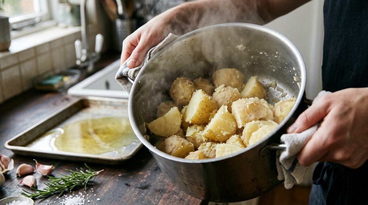 Cozinheiros experientes explicam: para a batata assada ficar realmente crocante, não leve direto ao forno, mas cozinhe primeiro e mexa a superfície antes de assar