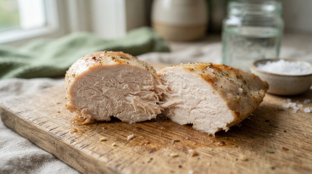 Três etapas da salmoura para frango: preparo da solução salina, descanso refrigerado e cozimento da carne.