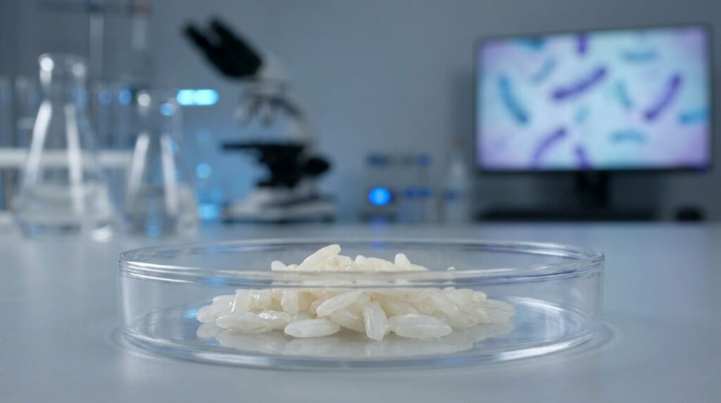 Grãos de arroz cozido em uma placa de laboratório, representando o estudo de microrganismos associados à segurança alimentar.
