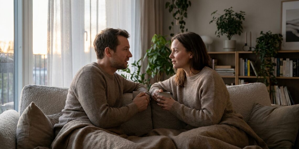 Casal conversando com atenção e carinho, representando intimidade emocional e confiança em um relacionamento.