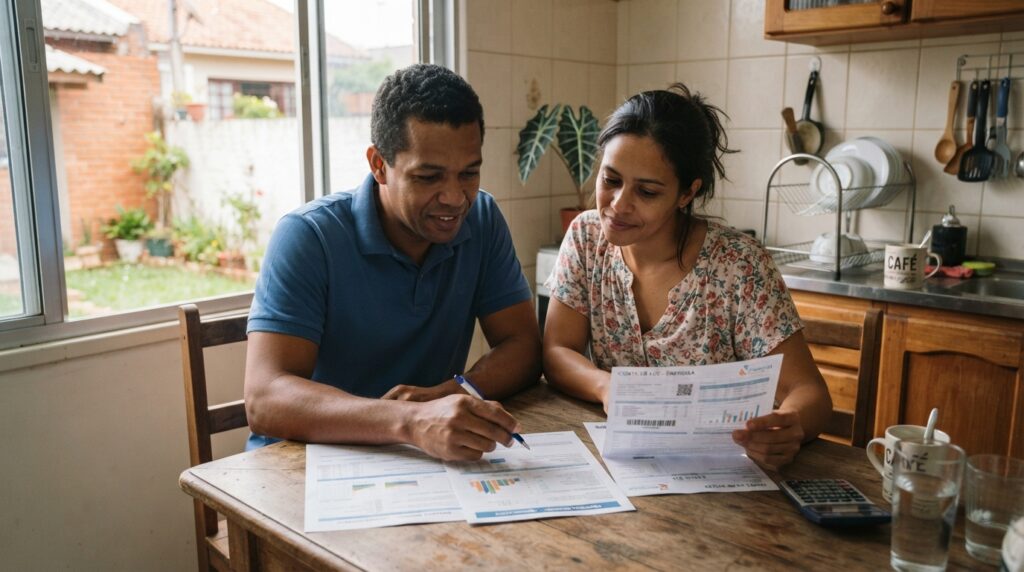 Casal analisa a conta de luz e um orçamento para instalar painéis solares em casa.