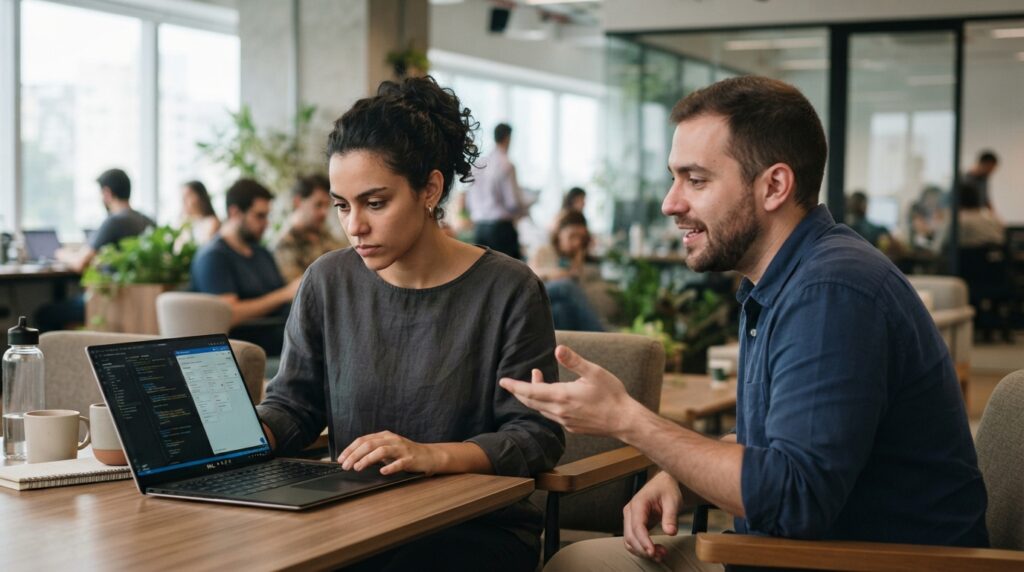 Pessoa concentrada na tela de um notebook enquanto um colega tenta conversar ao seu lado.