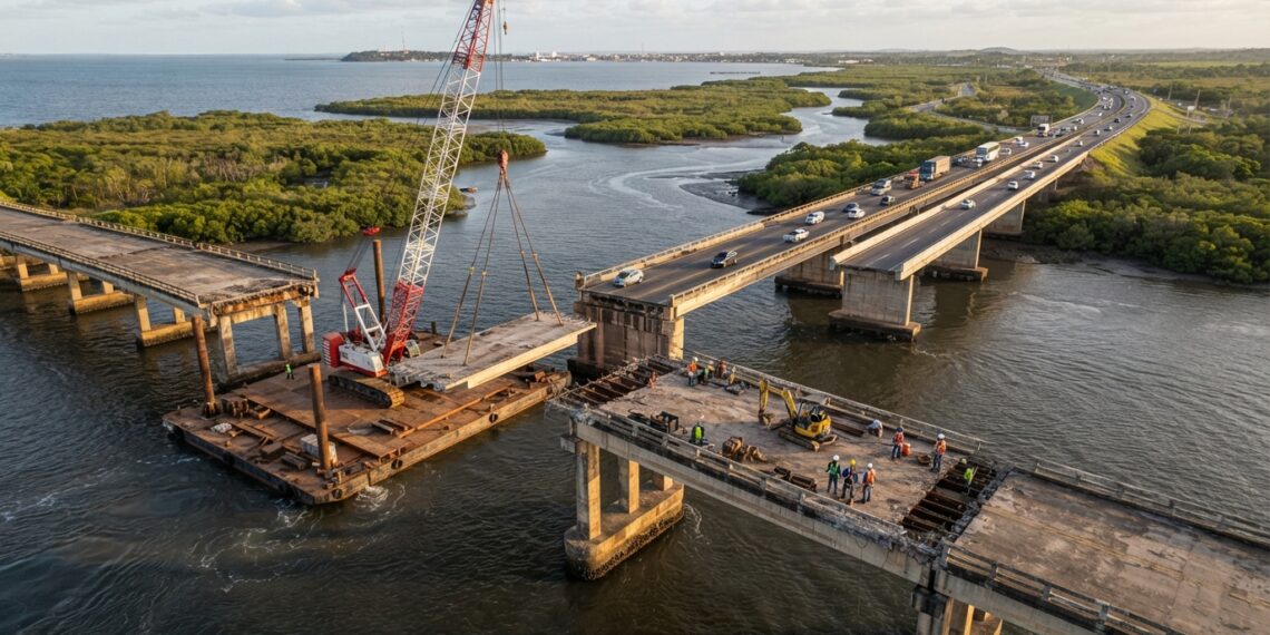 Representação aérea da desmontagem de uma ponte de concreto no Estreito dos Mosquitos, com guindaste e ponte paralela em operação na BR-135.