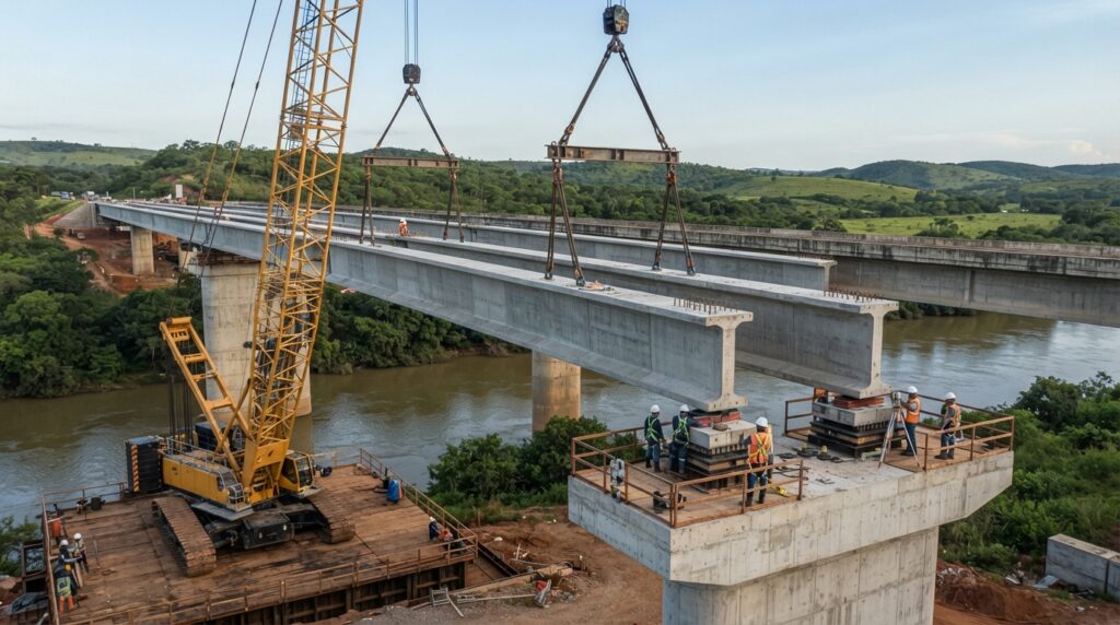 Guindaste de grande porte içando uma viga pré-moldada de concreto para posicionamento sobre os pilares de uma ponte em construção sobre o Rio Jequitinhonha.