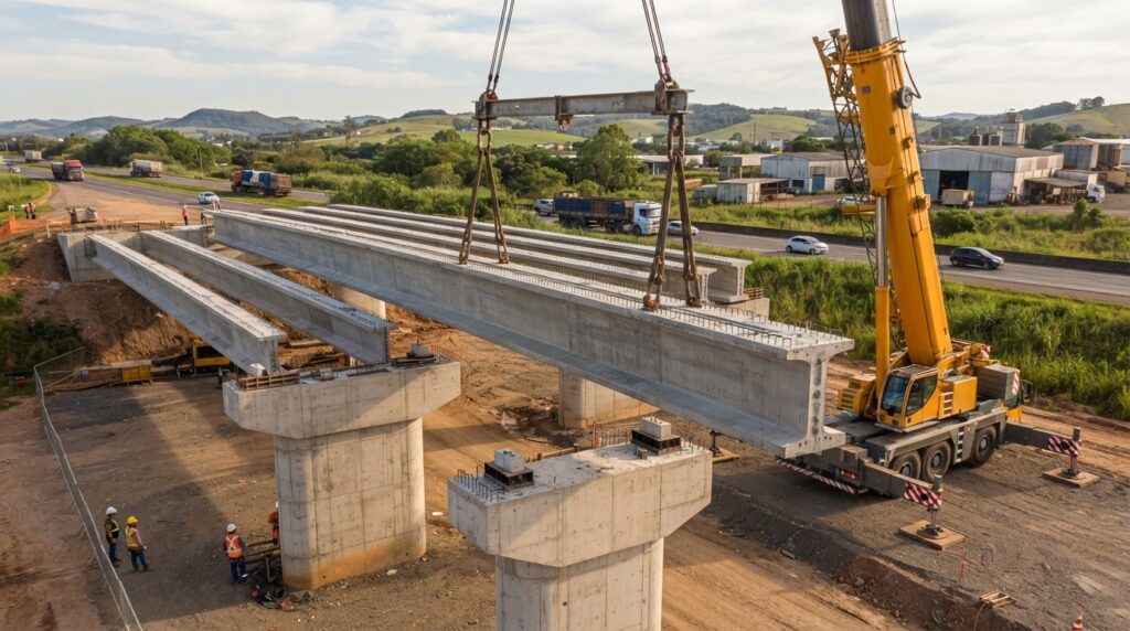 Guindaste de grande porte posiciona uma viga longarina de concreto pré-moldado sobre pilares de um viaduto rodoviário em construção.