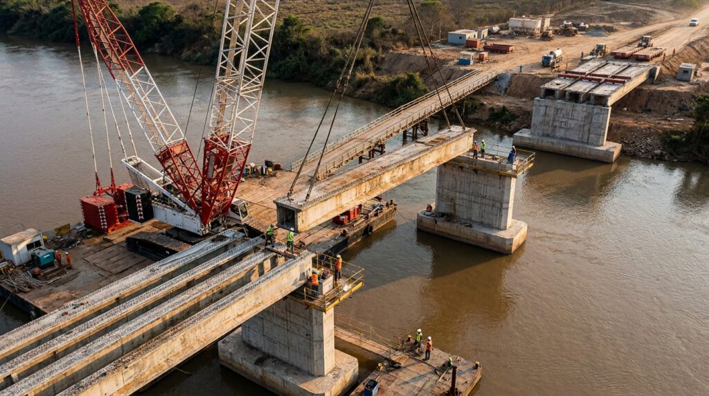 Guindaste posiciona uma grande viga pré-moldada entre dois pilares da nova ponte sobre o Rio Jequitinhonha.