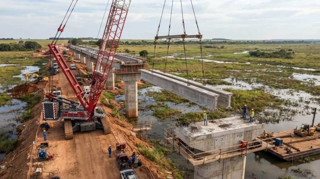 Guindaste de grande porte posiciona uma viga pré-moldada de concreto sobre pilares de uma ponte em construção em uma área alagável do Pantanal.