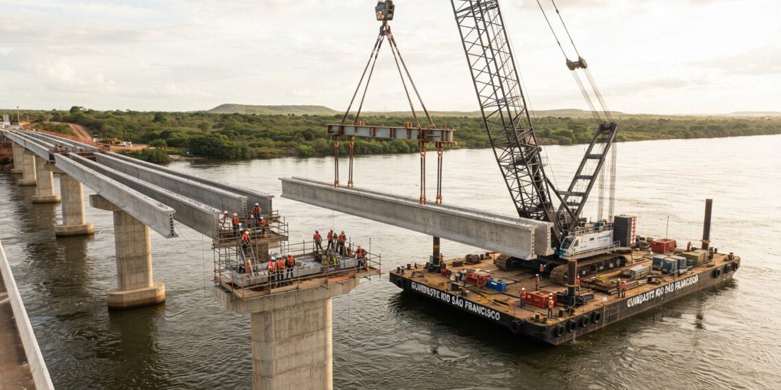 Representação de um guindaste instalado sobre uma balsa posicionando uma grande viga pré-moldada de concreto entre pilares de uma ponte no Rio São Francisco.