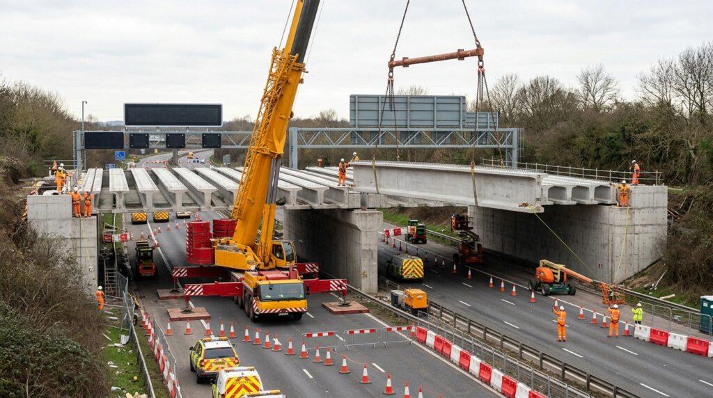 Guindaste instala uma das grandes vigas pré-moldadas da estrutura do HS2 sobre a M42.
