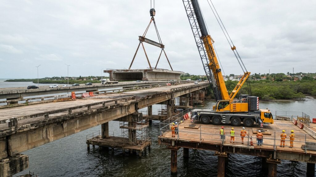 Guindaste remove um segmento de concreto de uma ponte rodoviária durante uma operação ilustrativa de demolição controlada sobre um canal costeiro.