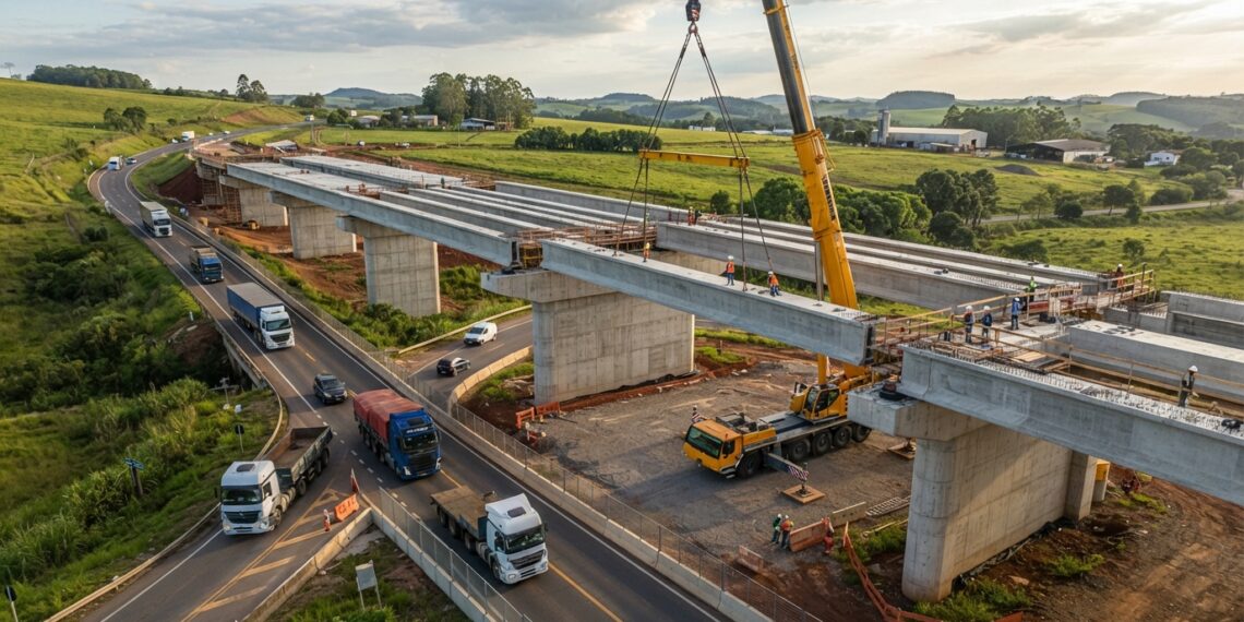 Representação de viaduto de concreto em construção na BR-116, com guindaste içando uma viga pré-moldada e caminhões circulando em pista separada.