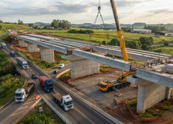 Representação de viaduto de concreto em construção na BR-116, com guindaste içando uma viga pré-moldada e caminhões circulando em pista separada.