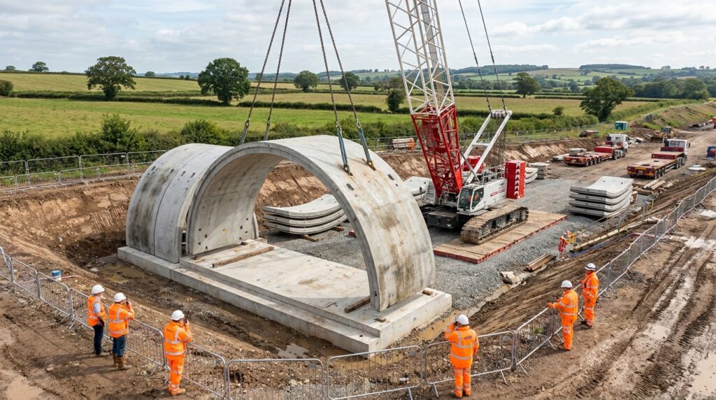 Guindaste de grande capacidade posiciona um enorme segmento curvo de concreto pré-moldado durante a montagem de um túnel ferroviário.