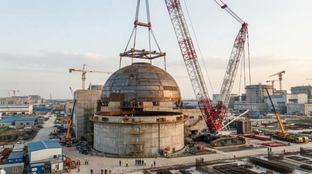 Guindaste de grande capacidade iça uma enorme cúpula metálica sobre o edifício de contenção de um reator nuclear em construção.