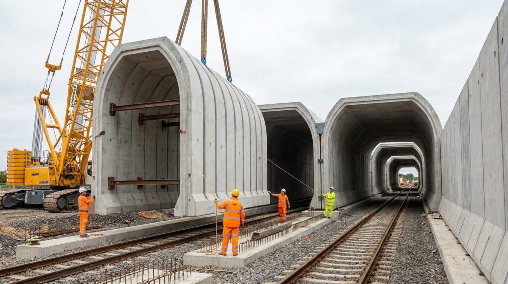 Guindaste encaixa bloco pré-moldado no túnel verde de Chipping Warden.